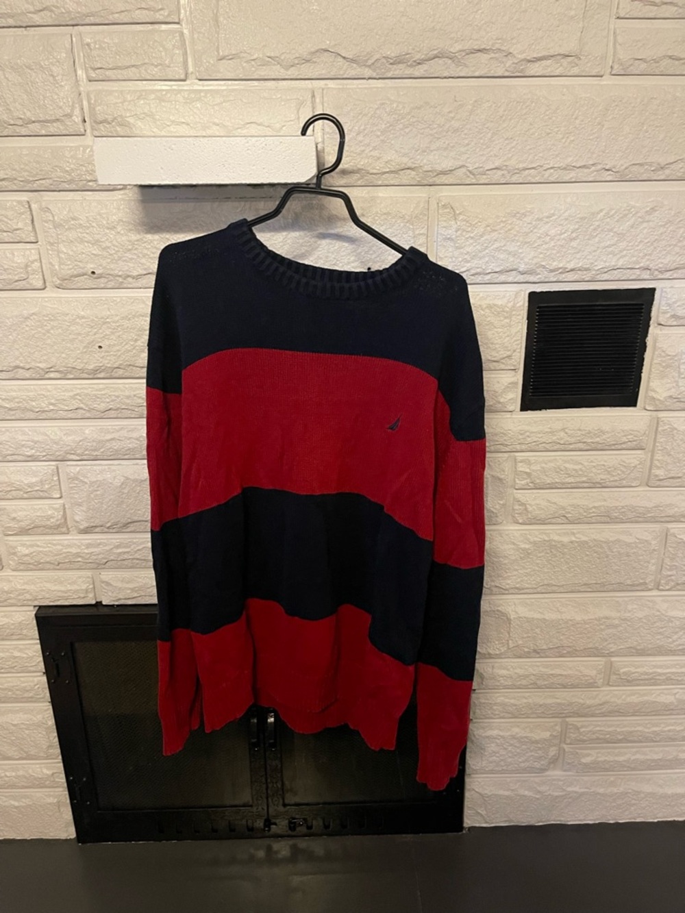 Nautica Men’s Red and Navy Bold Stripe Crewneck Sweater